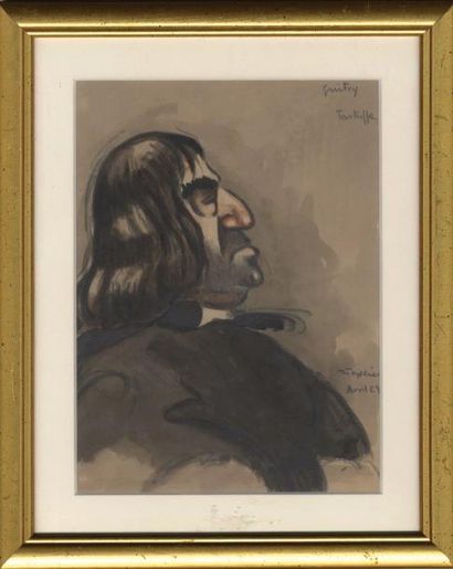 Lucien GUITRY Dans Tartuffe, dessin aquarellé par Jean TEXCIER, sbd (1923), 21x26cm,...