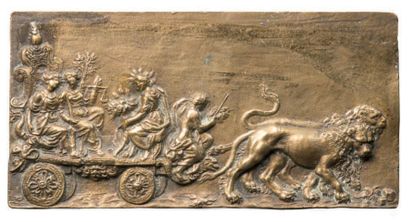 null Plaquette rectangulaire en bronze représentant le Triomphe des Vertus. Sur un...