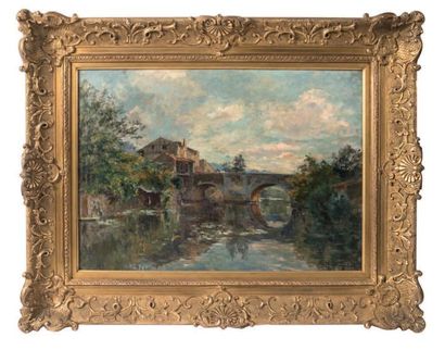 Edmond PETITJEAN (1844-1925) Paysage au pont
Huile sur toile
Signée en bas à droite
46...