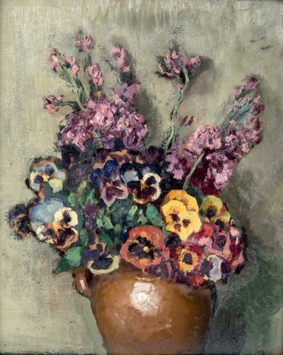 José CRUZ HERRERA (1890-1972) Bouquet de pensées
Huile sur carton 46,5 x 38 cm