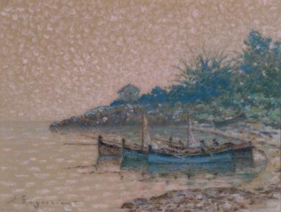 Auguste PEGURIER (1856-1936) Barques latines dans une crique
Pastel sur papier grège
Signé...