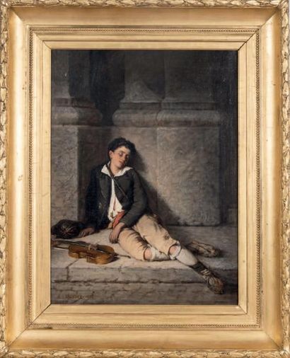 Louis Dubois (1830-1880) Jeune violoniste endormi, 1874 Huile sur toile Signée en...
