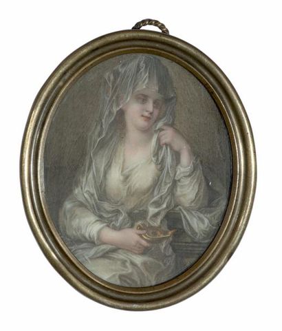 null Miniature ovale
Protrait d'une femme voilée tenant une lampe. Dans un cadre...