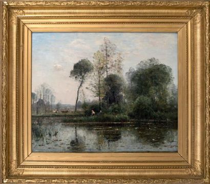 Louis-Aimé JAPY (1839-1916) Lavandières en bord d'étang
Huile sur toile
Signée en...