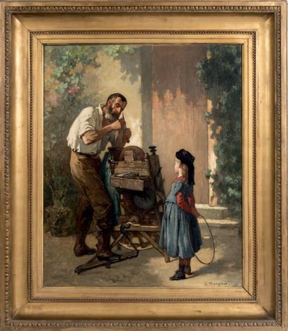 Charles MONGINOT (1825-1900) Rémouleur et fillette Huile sur toile (rentoilée) Signée...