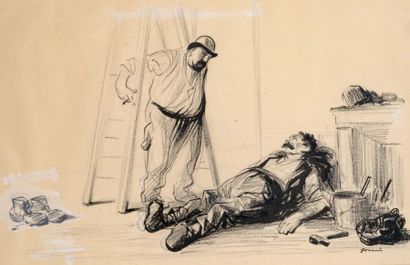Jean-Louis FORAIN (1852-1931) La sieste Encre, fusain et rehauts de gouache Signé...