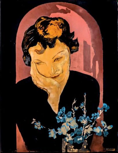 Alix AYMÉ (1894-1989) Portrait de femme Laque, signée en bas à droite dans un cartouche...