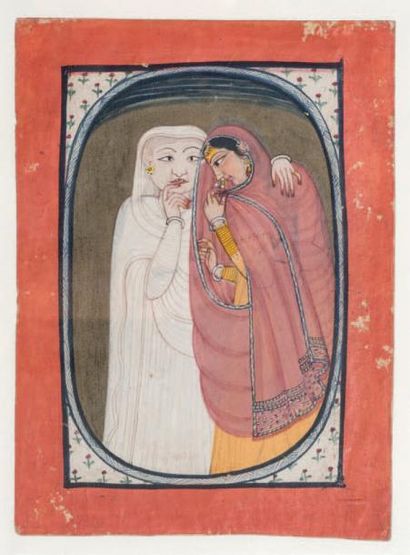 Inde, Penjab, Mandi, circa 1780 Dans un médaillon ovoïde, une jeune femme est consolée...