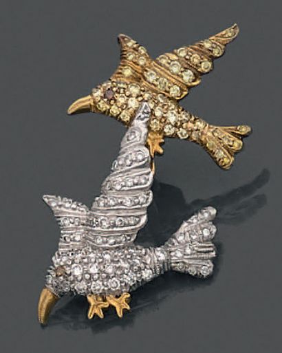 null Broche oiseaux en or deux tons 18K (750°/00) sertie de diamants ronds brillantés...