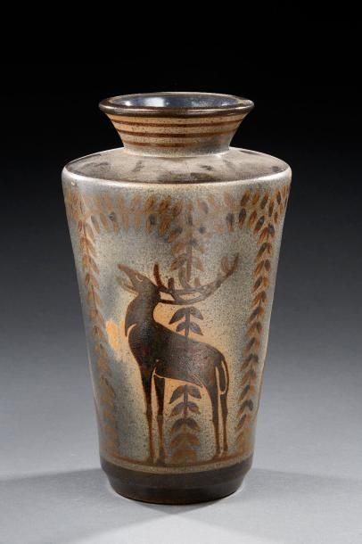 PRIMAVERA Vase à panse conique et col ourlé étranglé en céramique émaillée à décor...