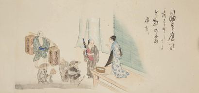 JAPON - Epoque MEIJI (1868 - 1912) Encre polychrome sur papier, représentant des...