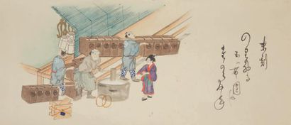 JAPON - Epoque MEIJI (1868 - 1912) Encre polychrome sur papier, représentant des...