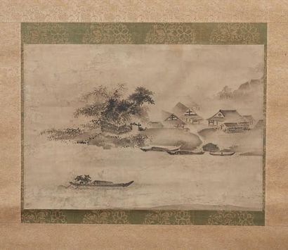 JAPON - Epoque MEIJI (1868 - 1912) Encre sur papier, représentant deux pêcheurs sur...