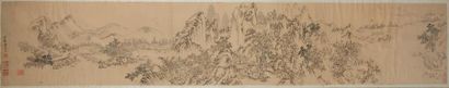 CHINE - XIXe siècle Encre sur papier, représentant des lettrés dans un paysage montagneux...