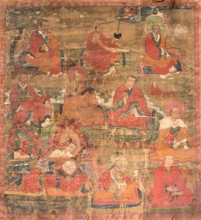 TIBET - VERS 1900 Tangka, détrempe sur toile, onze lama et ascètes assis dans un...