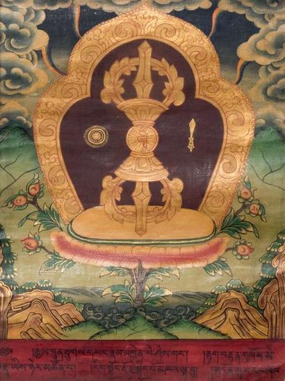 TIBET - XXe siècle Deux tangka, détrempe sur toile, un mandala entouré de quatre...