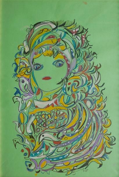 GRÜNENWALDT Martha Portrait sur fond vert / Technique mixte sur papier / SBD / 45...
