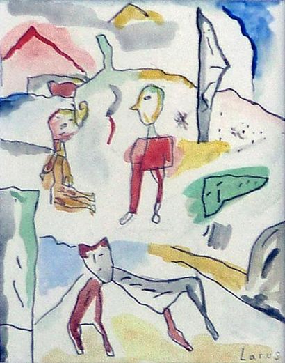 LARUS Eliane Paysage à l'enfant assis / Aquarelle sur papier / SBD / 12,5 x 10 c...