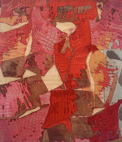 BORÉ Florence Du rouge / Collage de cuir sur carton plume / SBD / 37 x 32 cm