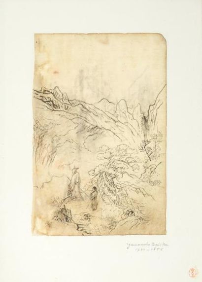 Attribué à Yamamoto Baitsu (1783-1856) Encre sur papier, lettré admirant un paysage...