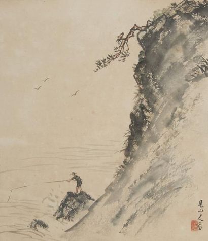 JAPON - XIXE SIÈCLE Encre sur soie, rakan dans la montagne près d'une cas­cade, sa...