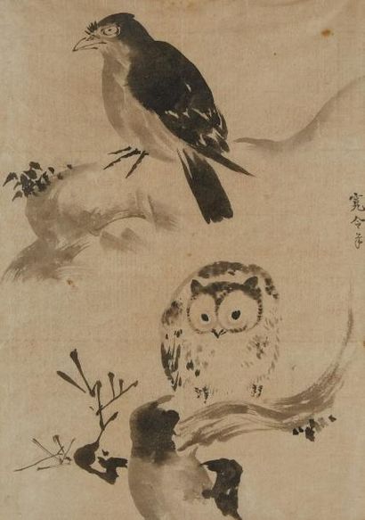 JAPON - XIXE SIÈCLE Encre sur papier, corbeau et hibou posés sur des branch­es noueuses....