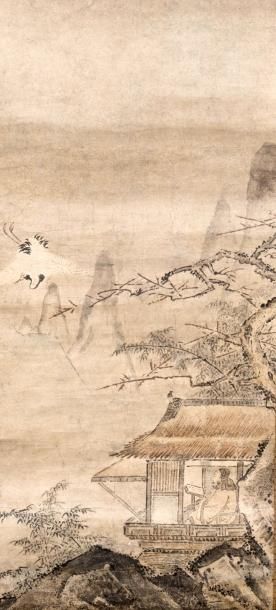 JAPON - Epoque EDO (1603 - 1868) Encre polychrome sur papier, lettré dans un pavillon...