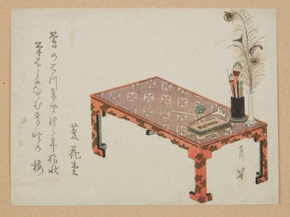 Katsushika Hokusai (1760-1846) Surimono, table basse avec porte-pinceaux, plume de...