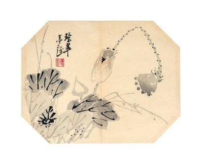 JAPON - Epoque MEIJI (1868 - 1912) Ensemble de cinq estampes représentant une cigale...