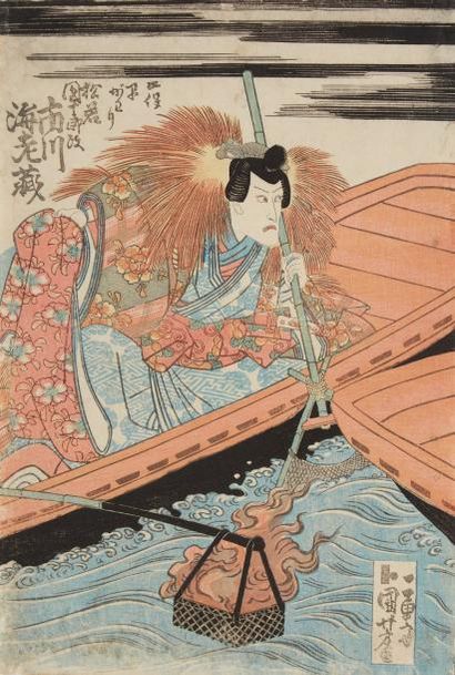 Utagawa Kuniyoshi (1797-1861) Triptyque oban tate-e, trois acteurs dans deux barques.
Signé...