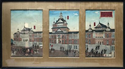 Yasuji Inoue (1864 - 1889) Triptyque oban tate-e, dit “Yokohama” représentant l'arrivée...