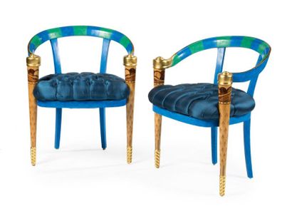 Colombostile Design, Milan Paire de fauteuils de bureau en bois teinté bleu, garniture...