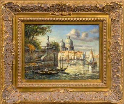 BABU (XXème) Vue de Venise Huile sur panneau signée en bas à gauche 31 x 40,5 cm