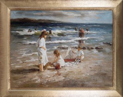 John HALLIFORD (XX-XXIème siècle) Jeunes filles en bord de plage faisant un château...