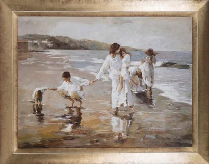 École contemporaine Mère et enfants en bord de plage
Huile sur toile, porte une signature
73...