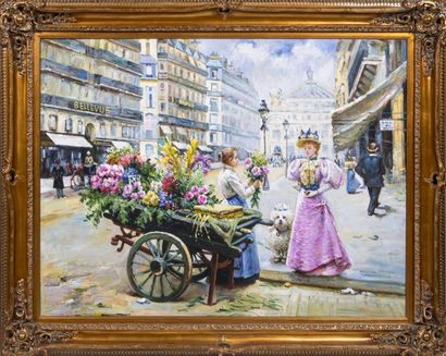 Ecole Française, XXème siècle Elégante aux fleurs et caniche devant l'Opéra
Huile...