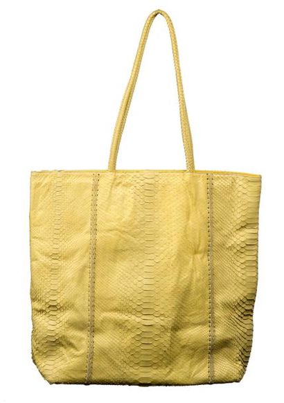 Moso, Istambule Grand sac cabas porté épaule en cuir façon serpent de couleur jaune...