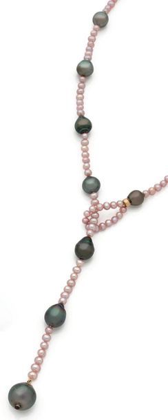 null Collier lasso composé d'une alternance de perles grises de Tahiti, perles roses...