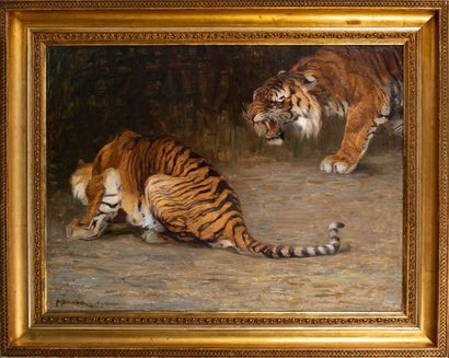 Ferdinand SCHEBEK (1875-1949) Tigres dans une grotte du Bengale
Huile sur toile
Signée,...