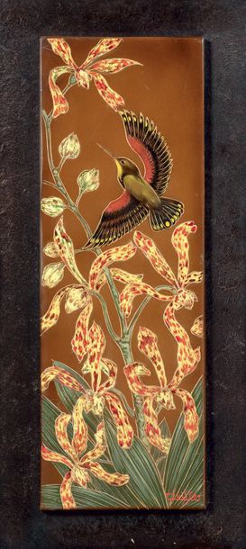 GASTON SUISSE (1896-1988) Colibri dans les orchidées
Panneau en bois laqué gravé...