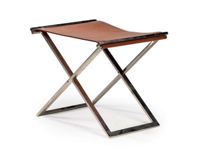 POUL KJAERHOLM, dans le goût de Paire de tabourets pliants à assise en cuir gold...