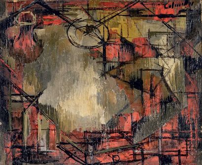 Jean-Marie CALMETTES (1918-2007) # Composition sur fond rouge, 1953
Huile sur toile
Signée...