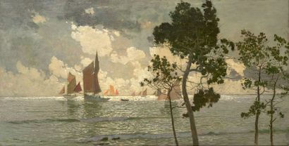 AMÉDÉE JULIEN MARCEL-CLEMENT (1873-?) # Barques de pêche, soleil couchant
Huile sur...