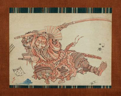 JAPON - XIXe siècle Dessin à l'encre, Benkei. Avec annotations pour les couleurs....