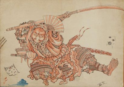 JAPON - XIXe siècle Dessin à l'encre, Benkei. Avec annotations pour les couleurs....