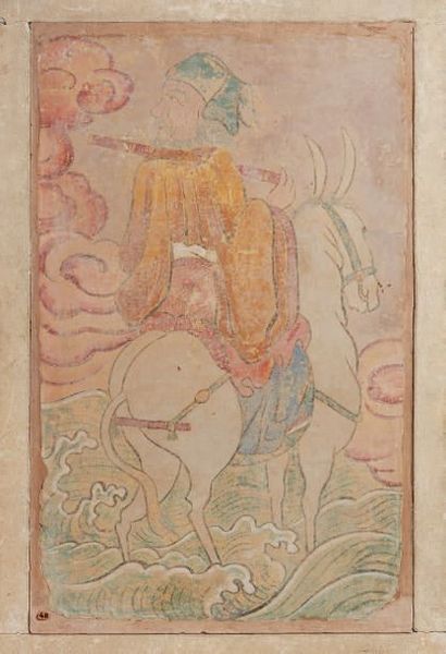 CHINE - XVIIe/XVIIIe siècle Fragment de fresque murale, immortel sur sa mule parmi...