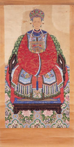 CHINE - XIXe siècle Encre polychrome sur papier, portrait d'ancêtre, femme de dignitaire...
