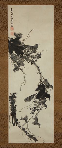 Satake Hohei (?-1807) Encre sur papier, branches de vignes.
Signée.
Dim. 95 x 30...