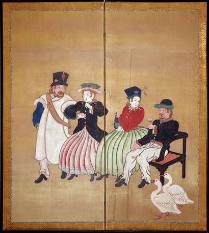 JAPON - Epoque MEIJI (1868 - 1912) Paravent à deux feuilles, encre sur fond bistre,...