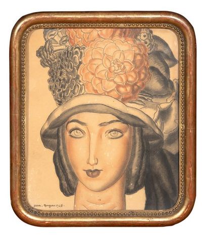 null Jeune femme au chapeau fleuri, 1928
Aquarelle, crayons de couleur, encre et...